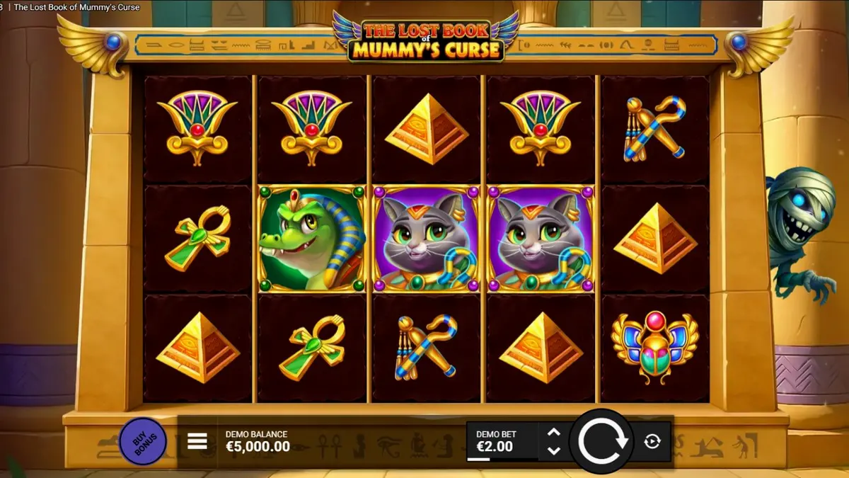 The Lost Book of Mummy’s Curse slot machine interface featuring Egyptian theme
