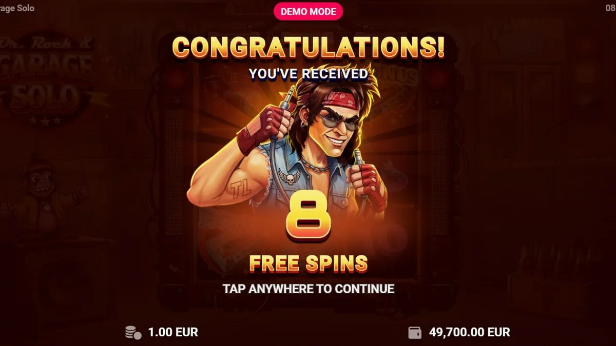 Dr. Rock & Garage Solo slot machine interface featuring rock music theme