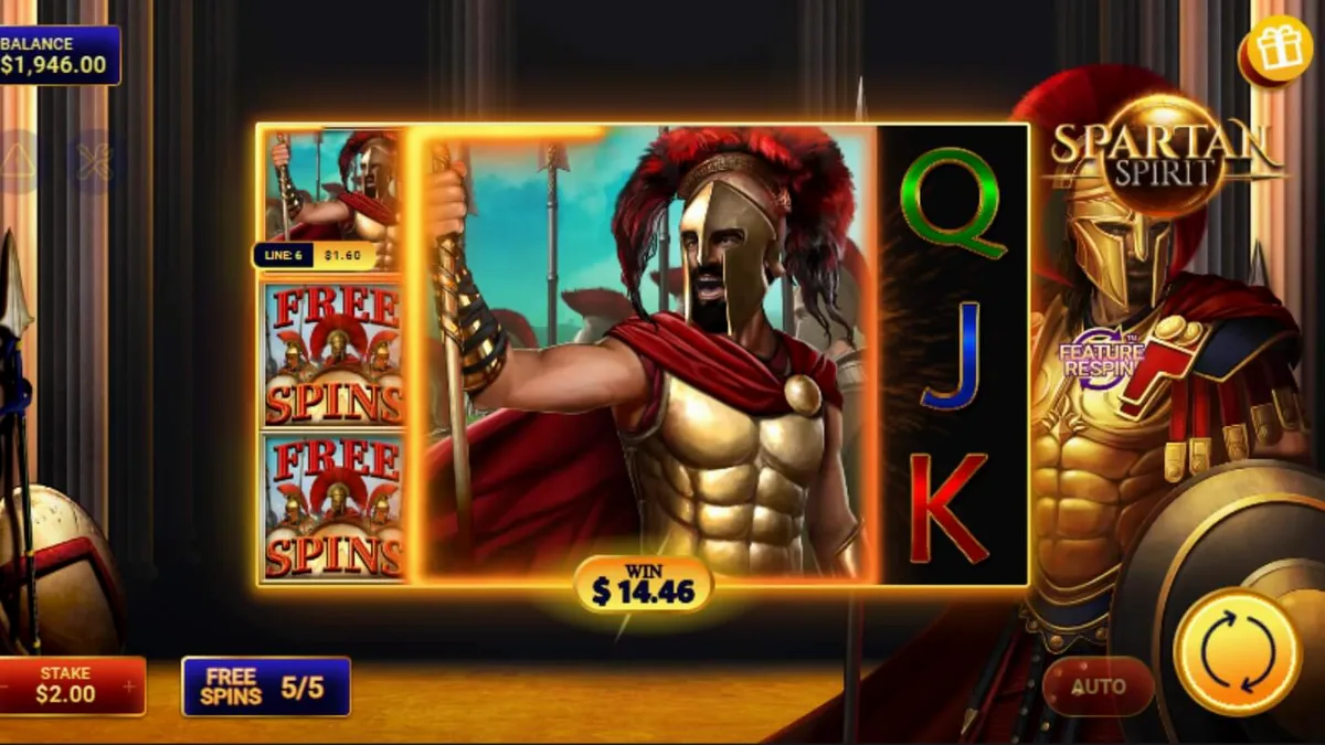 Interface do slot Spartan Spirit com guerreiros espartanos e elementos de batalha