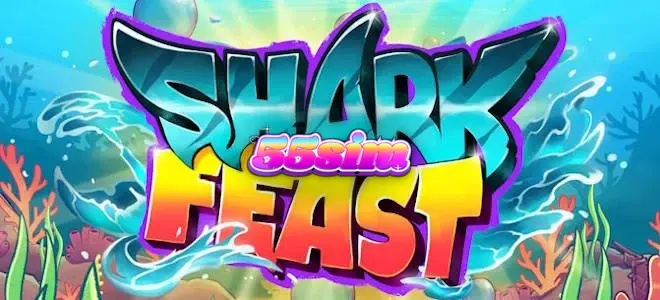 Cena vibrante e neon do jogo Shark Feast com criaturas marinhas